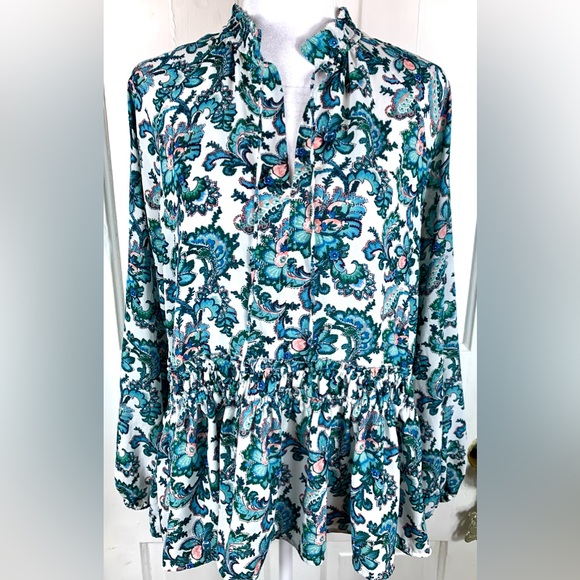 LOFT Tops - Loft Floral Paisley Ruffle Bottom Long-sleeved Blouse w/ String Tie